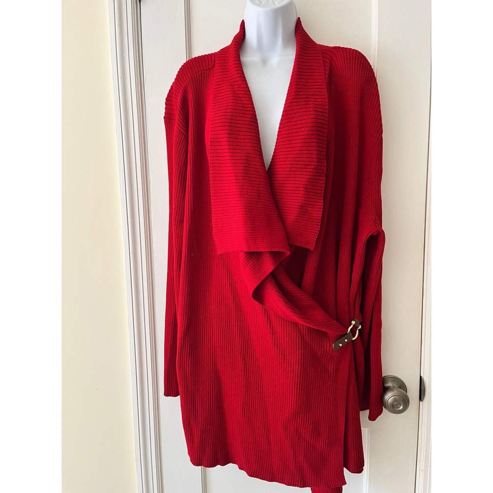 NWT Lauren Ralph Lauren Red Cotton Ribbed Wrap Sweater Buckle Drape 3X Plus